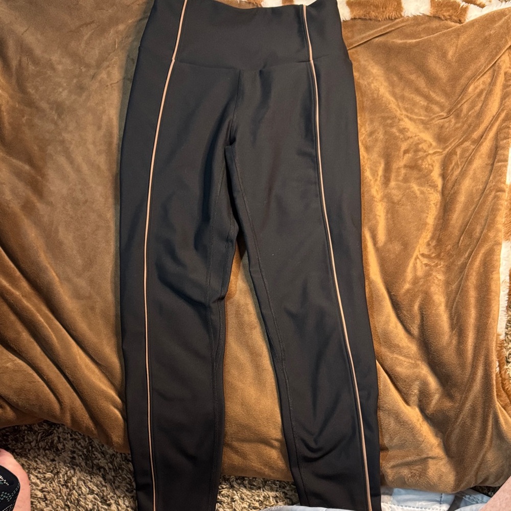 Elegant Black Leggings with Tan Piping